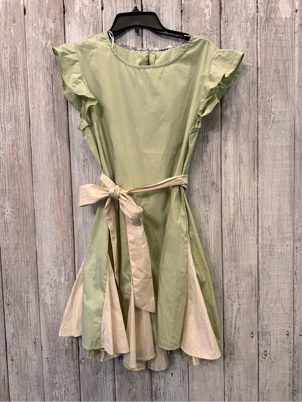 Umgee Sage Green and Cream Flutter Sleeve Tie-Waist Dress